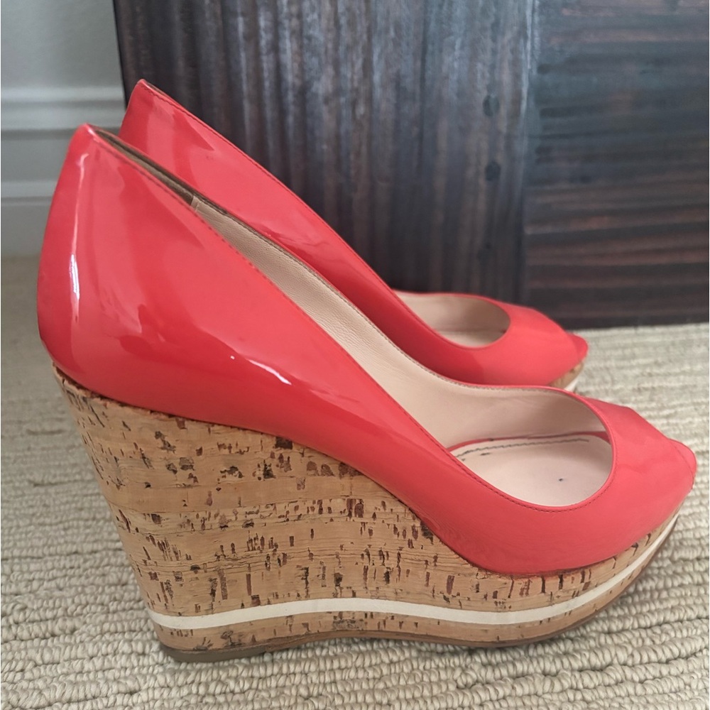 Prada Peep Toe Espadrille Cork Wedges Heels in Coral Size 38; US size 7.5